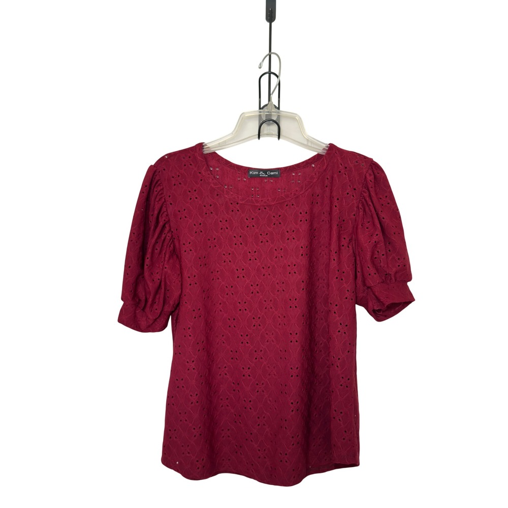 Kim & Cami Medium Maroon Embroidered Round Neck Top‎ Puff Sleeves Breathable